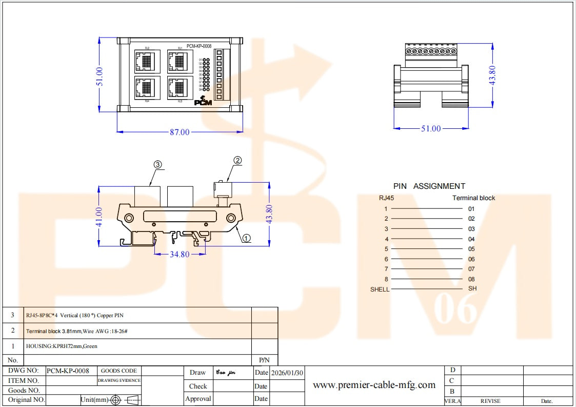 DIN Rail 4-Way RJ45 to Terminal Block Adapter
