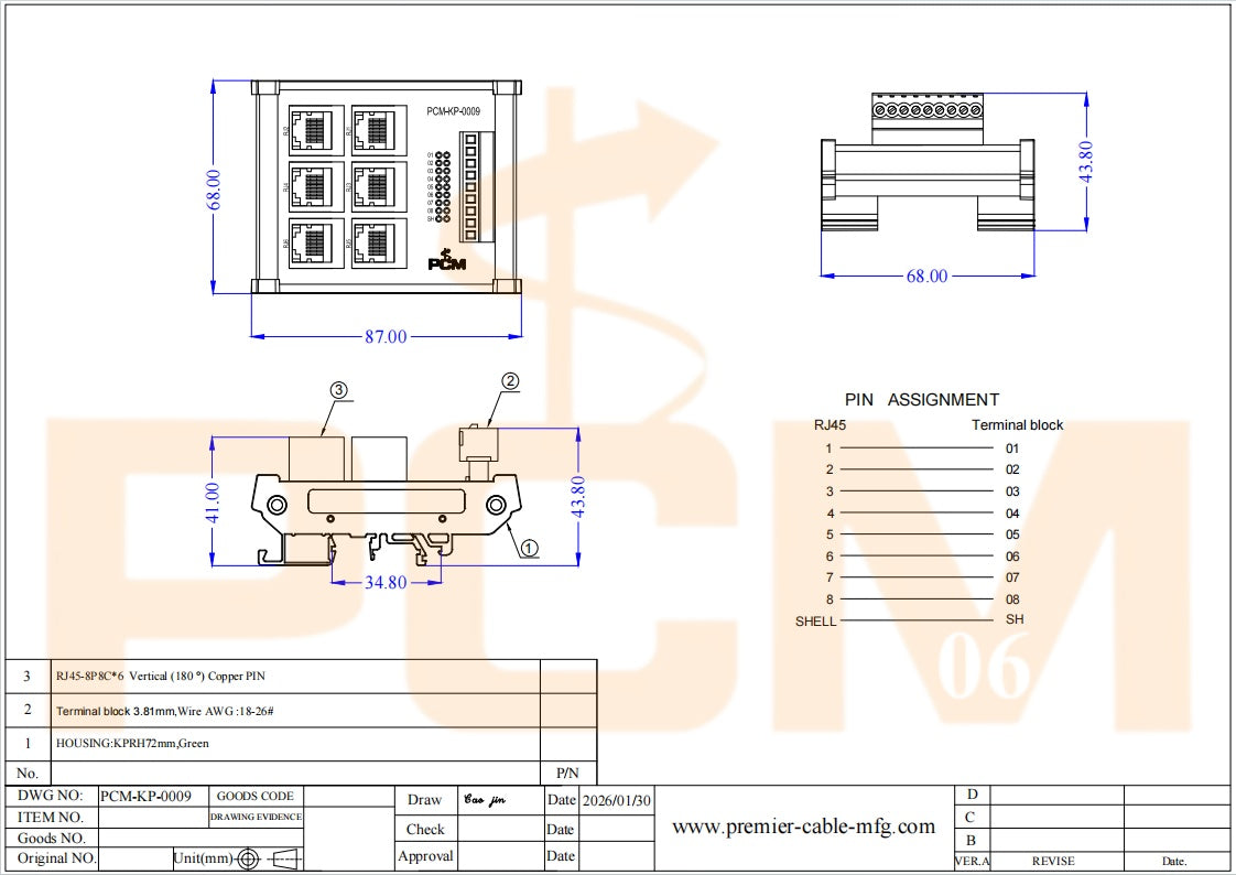 DIN Rail 6-Way RJ45 to Terminal Block Adapter