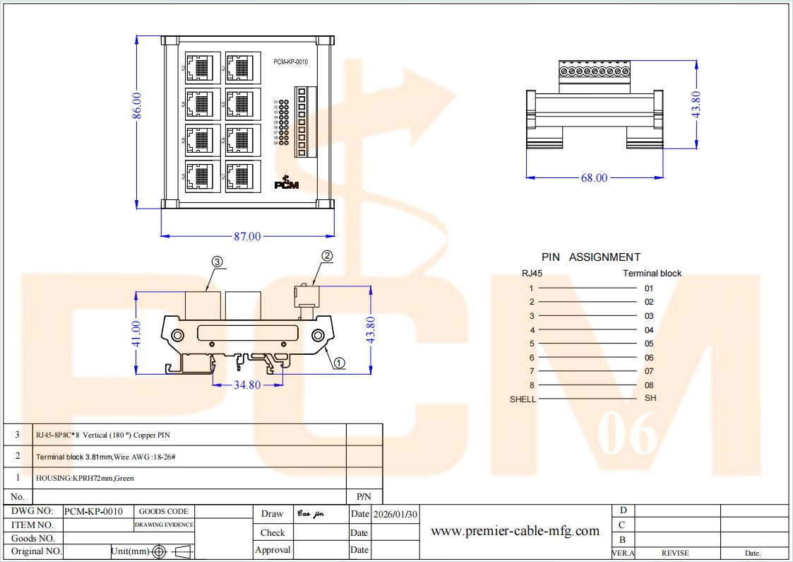 DIN Rail 8-Way RJ45 to Terminal Block Adapter