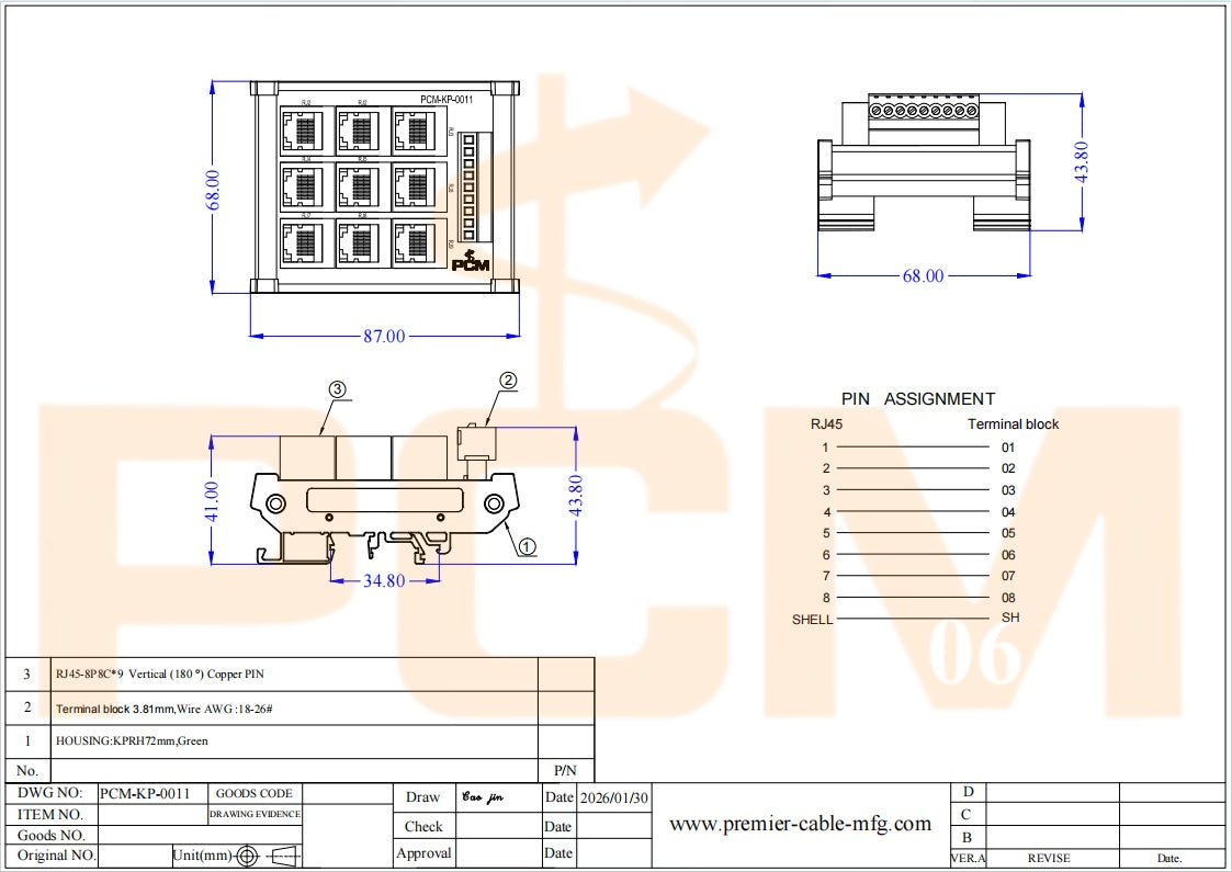 DIN Rail 9-Way RJ45 to Terminal Block Adapter