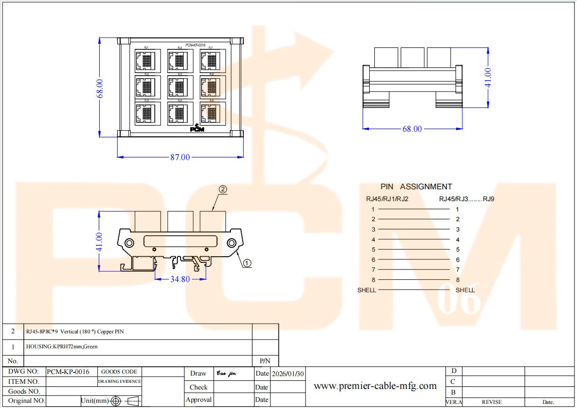 RJ45 8P8C 9-Way DIN Rail Mount Interface Module