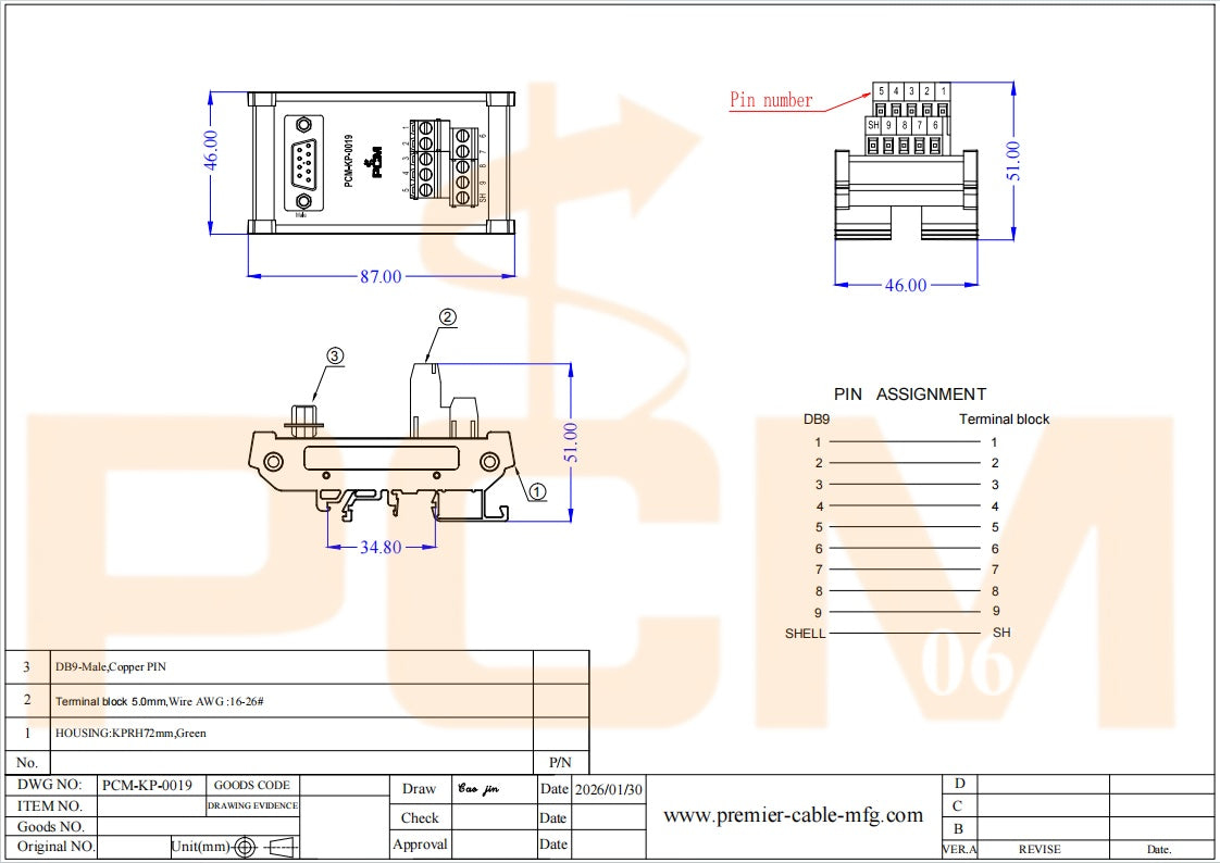 DIN Rail DB9 Male to Terminal Block Breakout Board