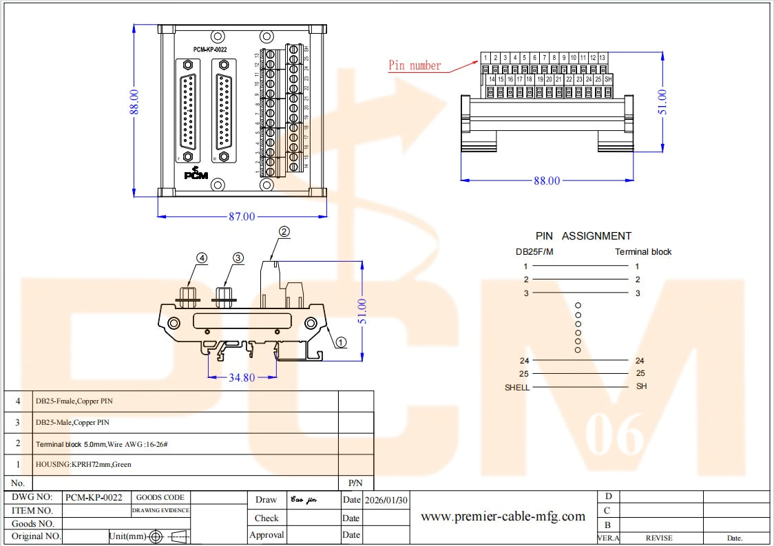 DIN Rail Mount D-Sub DB25 Male Female Header Breakout Board