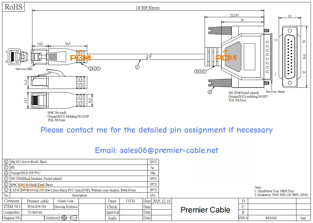 Cisco 72-3663-01 Compatible Modem Console Cable DB25 Male to RJ45
