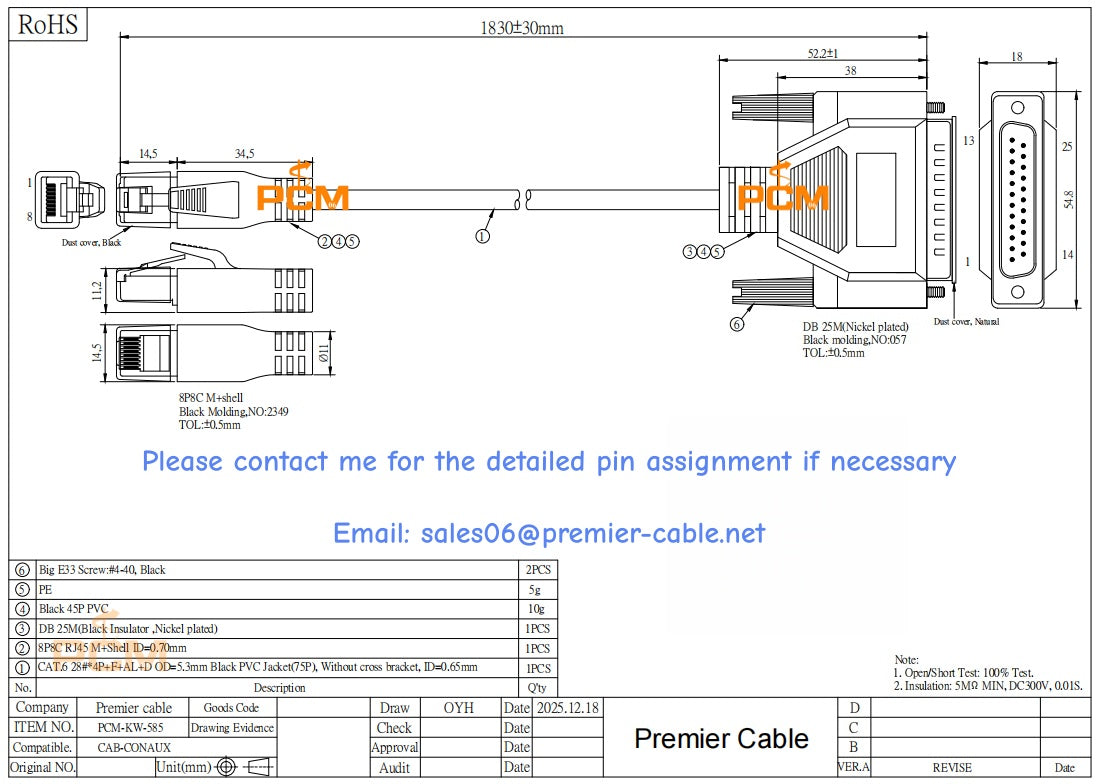 Cisco Compatible CAB-CONAUX Serial Cable RJ45 to DB25