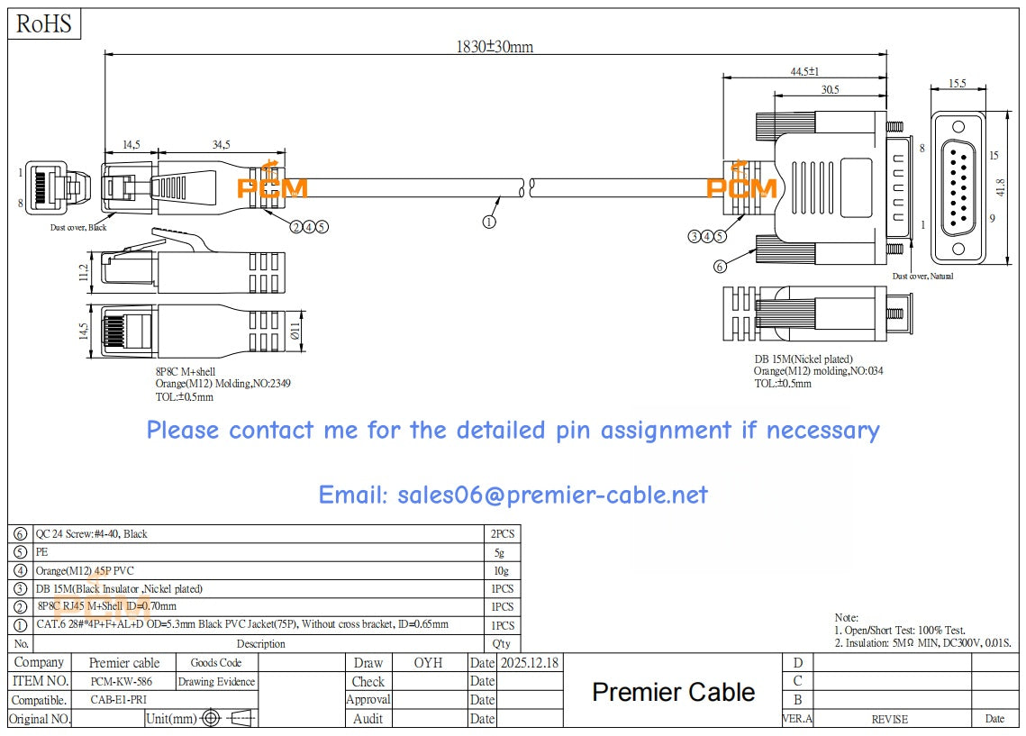 Cisco Compatible CAB-E1-PRI E1 ISDN PRI DB15 to RJ45 Cable
