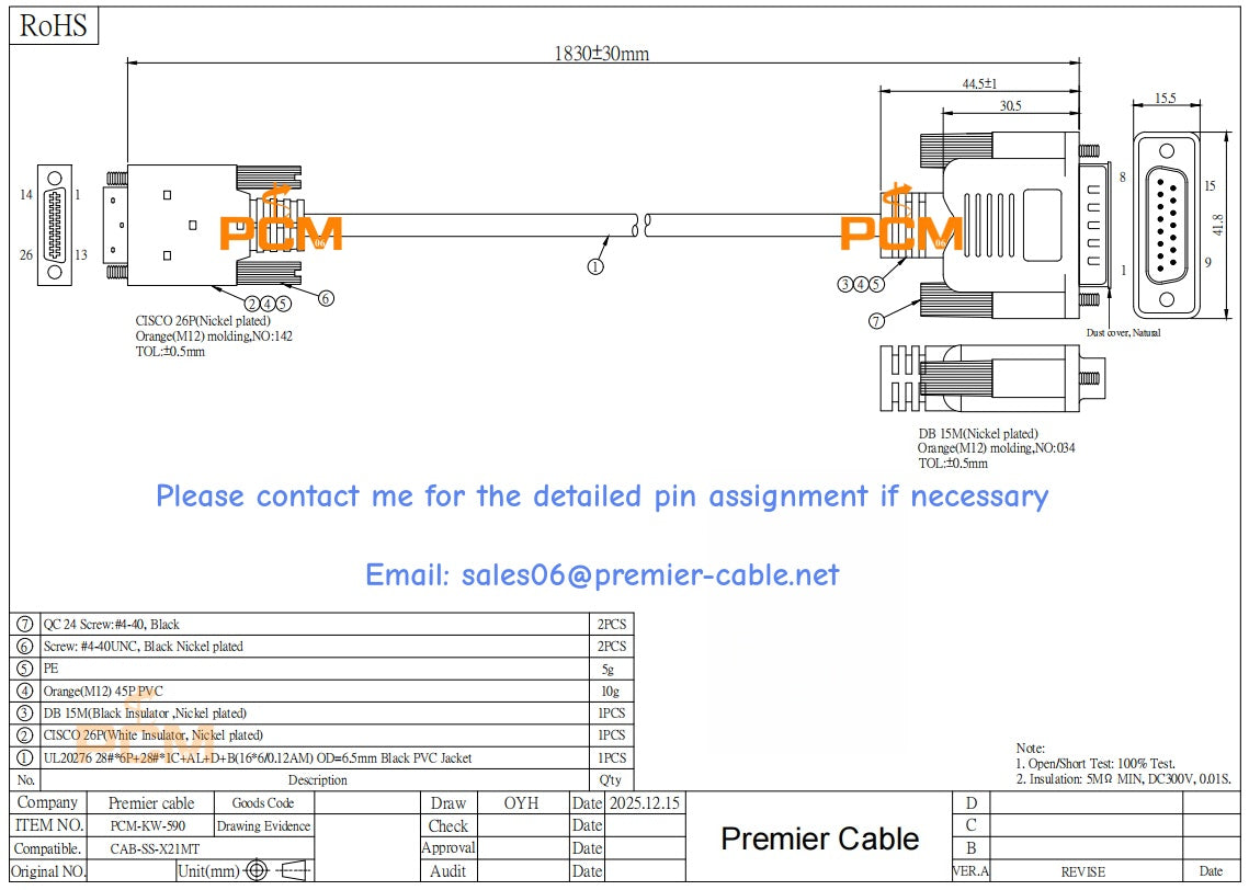 CAB-SS-X21MT Cable Smart Serial to X.21 DB15 DTE Male Cable