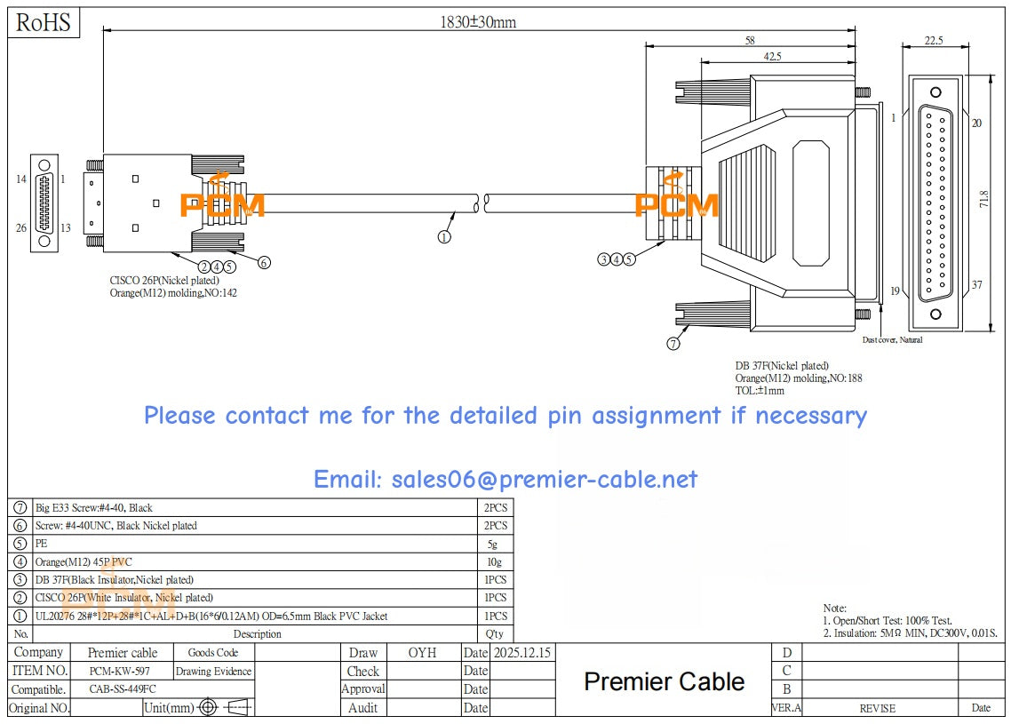 Cisco Smart Serial Cable 26-pin Male to DB37 Female CAB-SS-449FC