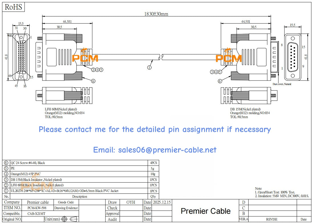 Cisco Compatible CAB-X21MT LFH60 Male to X.21 DB15 DTE Male Cable