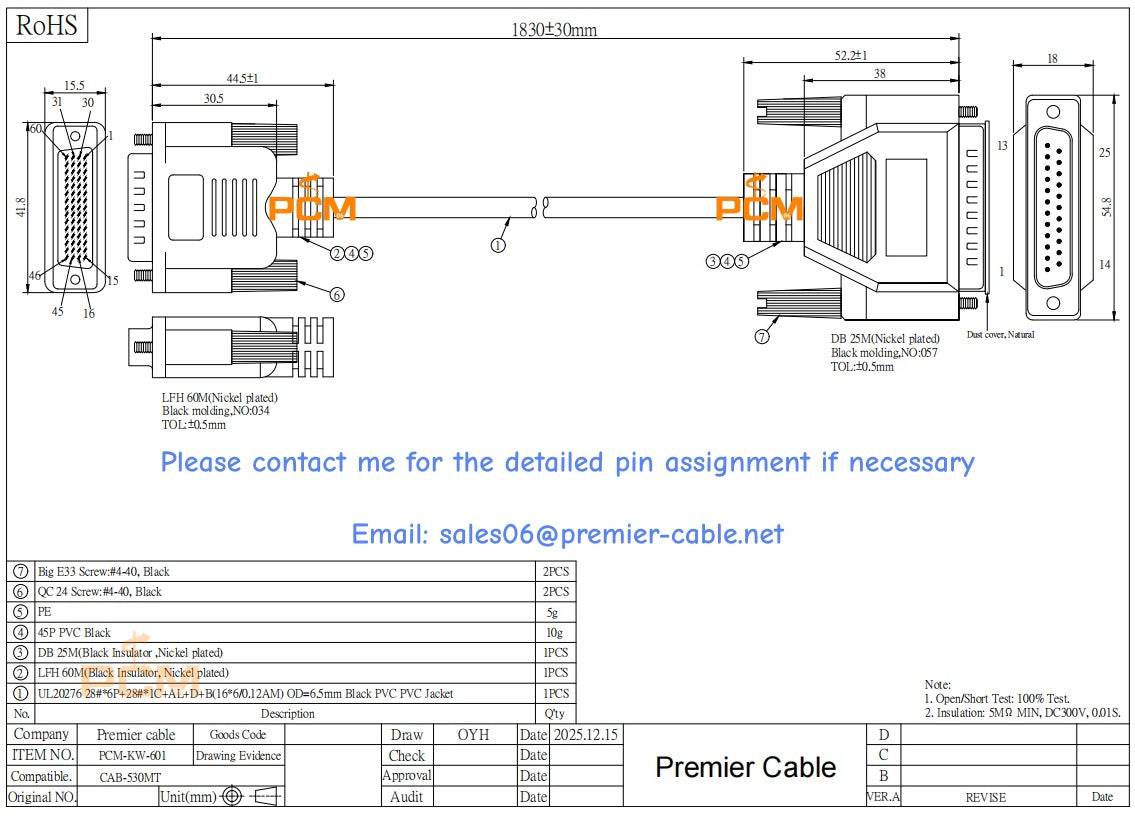 CAB-530MT Cisco Compatible LFH60 Male to DB25 Male RS530 DTE Cable