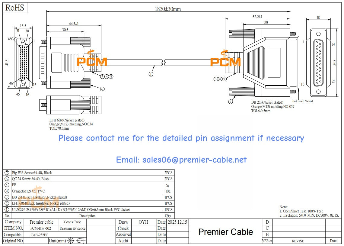 CAB-232FC Compatible Cisco LFH60 Male to DB25 Female Cable