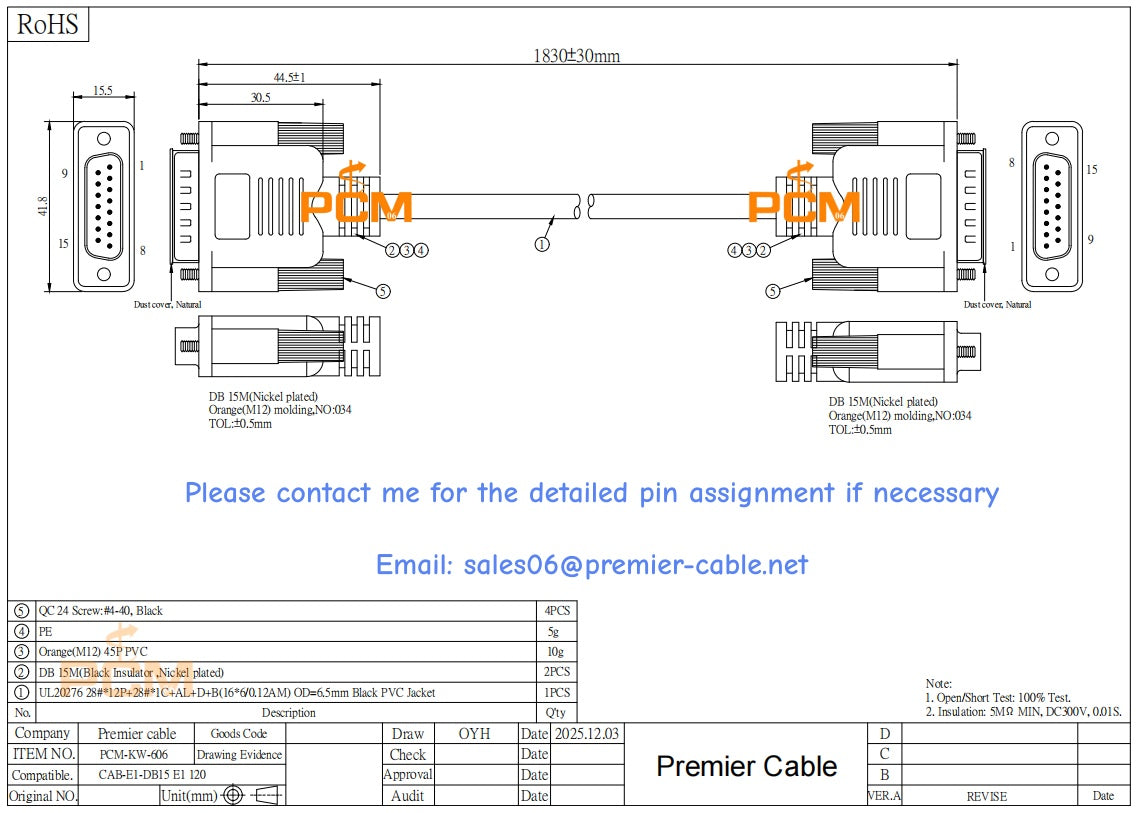 Cisco Compatible CAB-E1-DB15 DB15 to DB15 Cable 72-0838-01