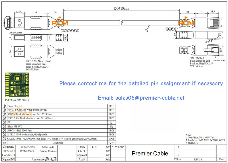 USB 3.0 to RJ45 Gigabit Ethernet Network Cable图纸1