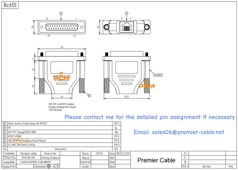 RJ45 to DB25 Serial Adapter CAB-25AS-FDTE CAB-500DTF图纸1