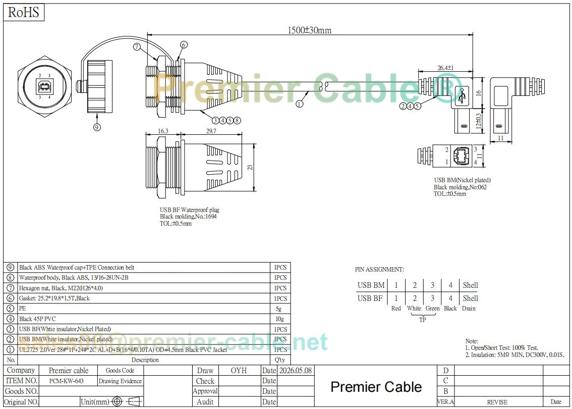 Right Angle USB 2.0 Type B Waterproof Panel Mount Cable