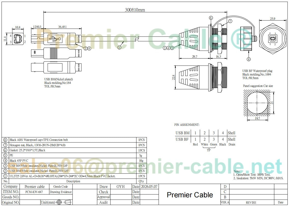 Waterproof USB 2.0 Type B Panel Mount Extension Cable