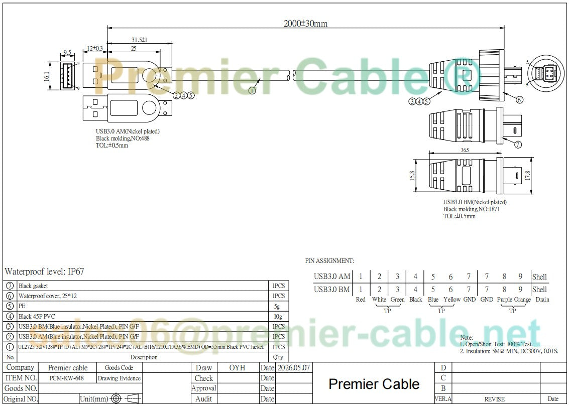 USB 3.0 A to B Waterproof Cable Assembly
