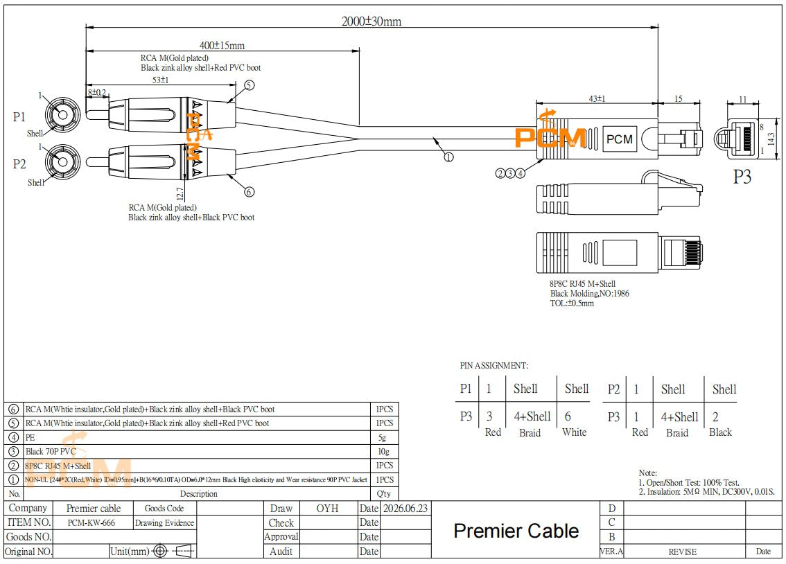 RJ45 Male to Dual RCA Male AXIA Cable
