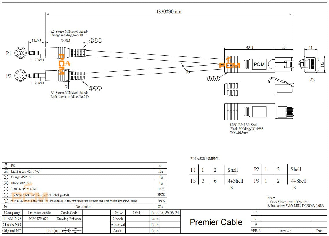 RJ45 Male to Dual 3.5mm TRS Male AXIA Cable 6 feet