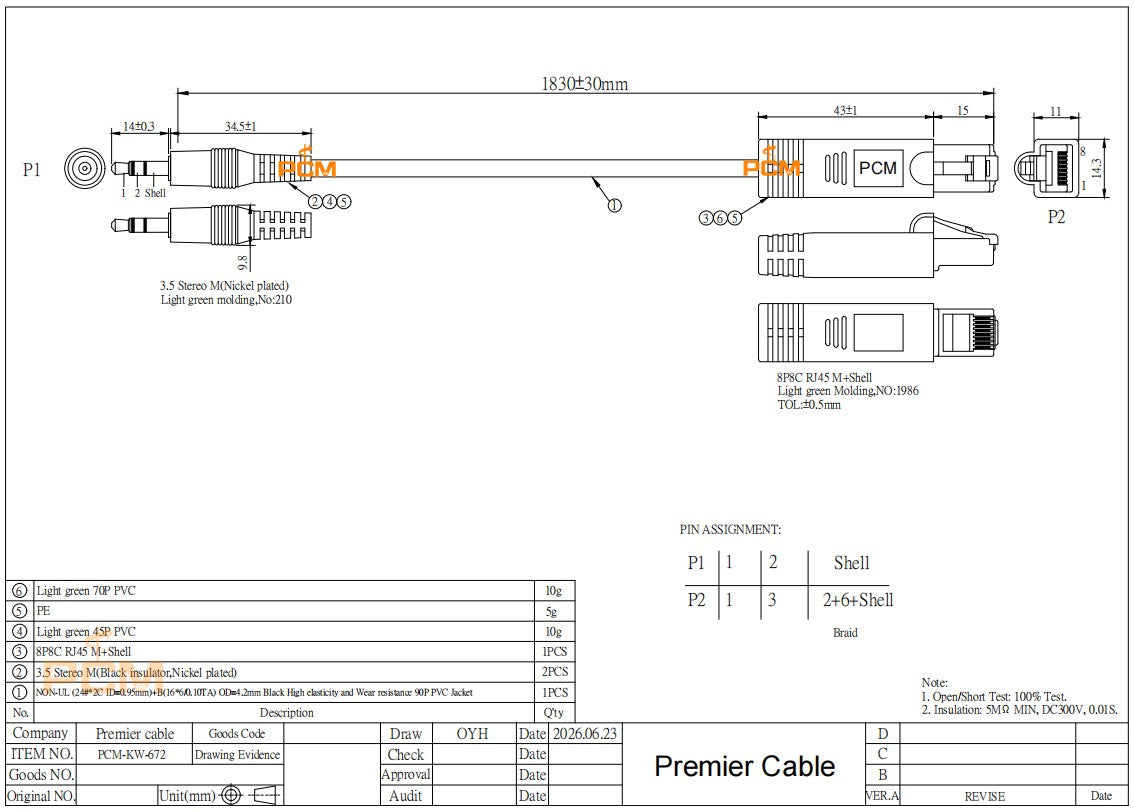 RJ45 Male to 3.5mm Stereo Male Axia Adapter Cable