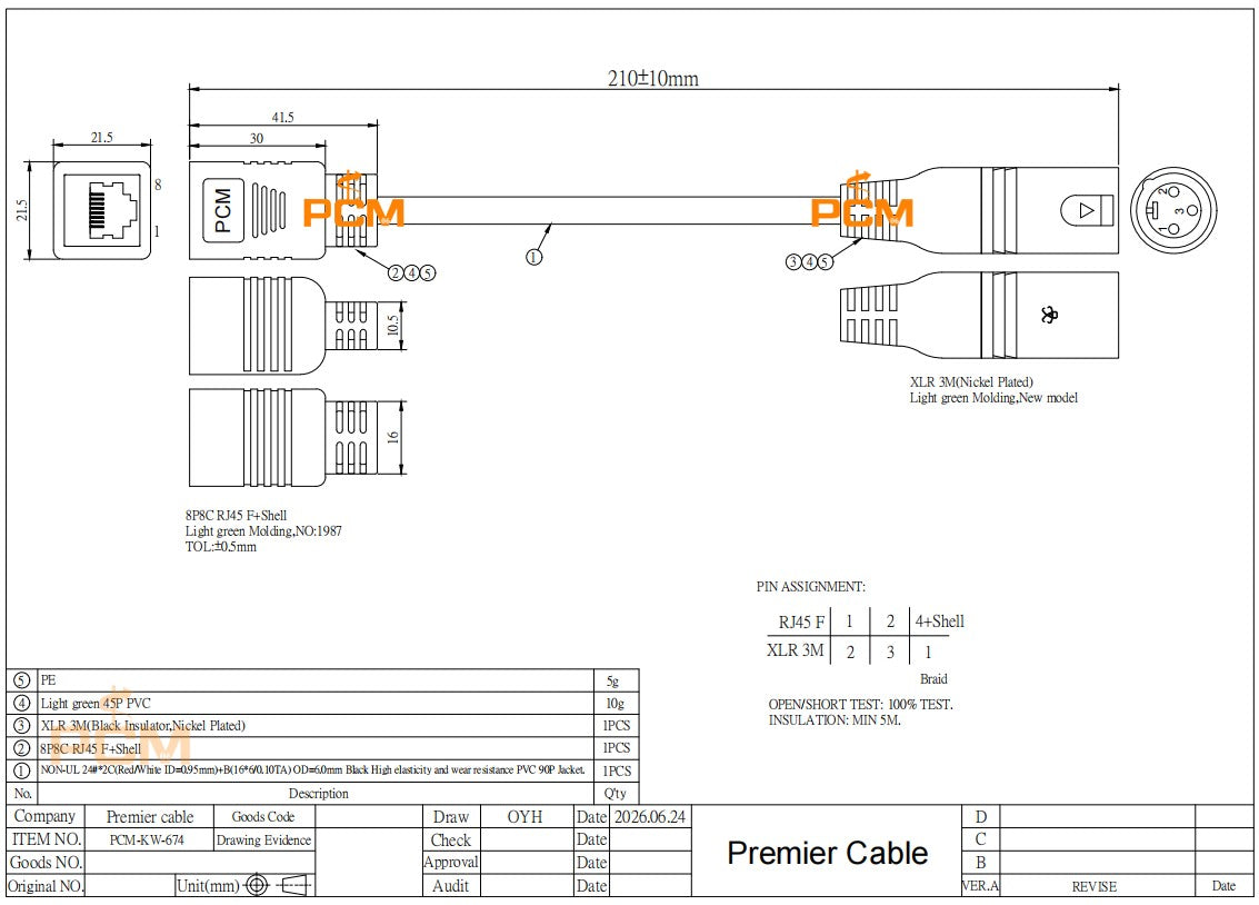 XLR 3 Pin Male to RJ45 Female Adapter Cable