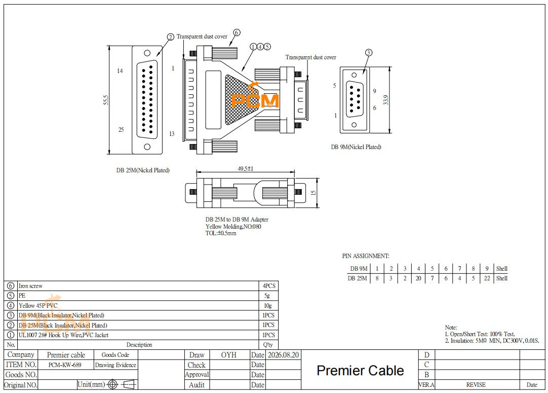 DB25 Male to DB9 Male Serial RS232 Adapter