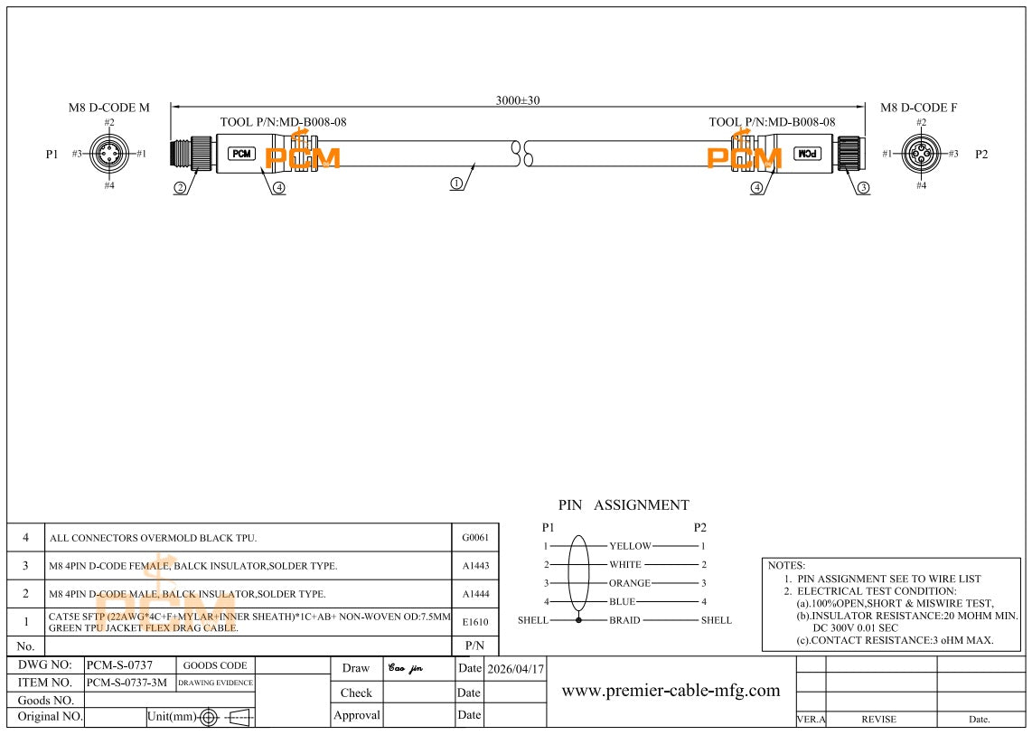 Profinet Cable M8 4 Pin Male to Female