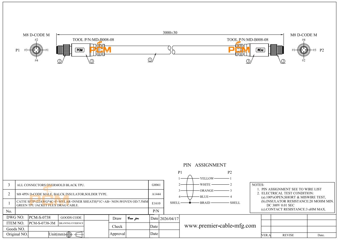 Profinet Cable M8 4 Pin Male to Male