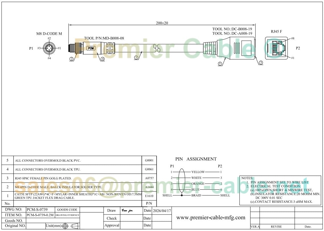 M8 Male to RJ45 Female Profinet Cable