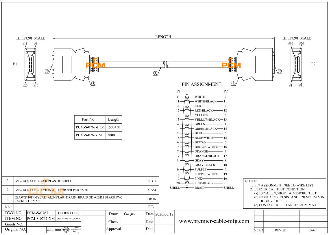 MDR 20 Pin HPCN20 SCSI Cable with Latch Lock