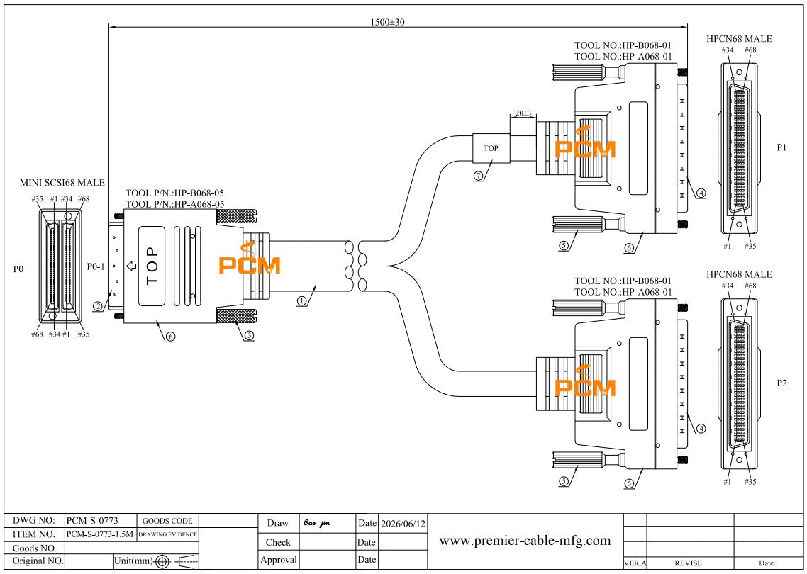 Dual Mini SCSI 68 Pin Male to HPCN68 Male Cable