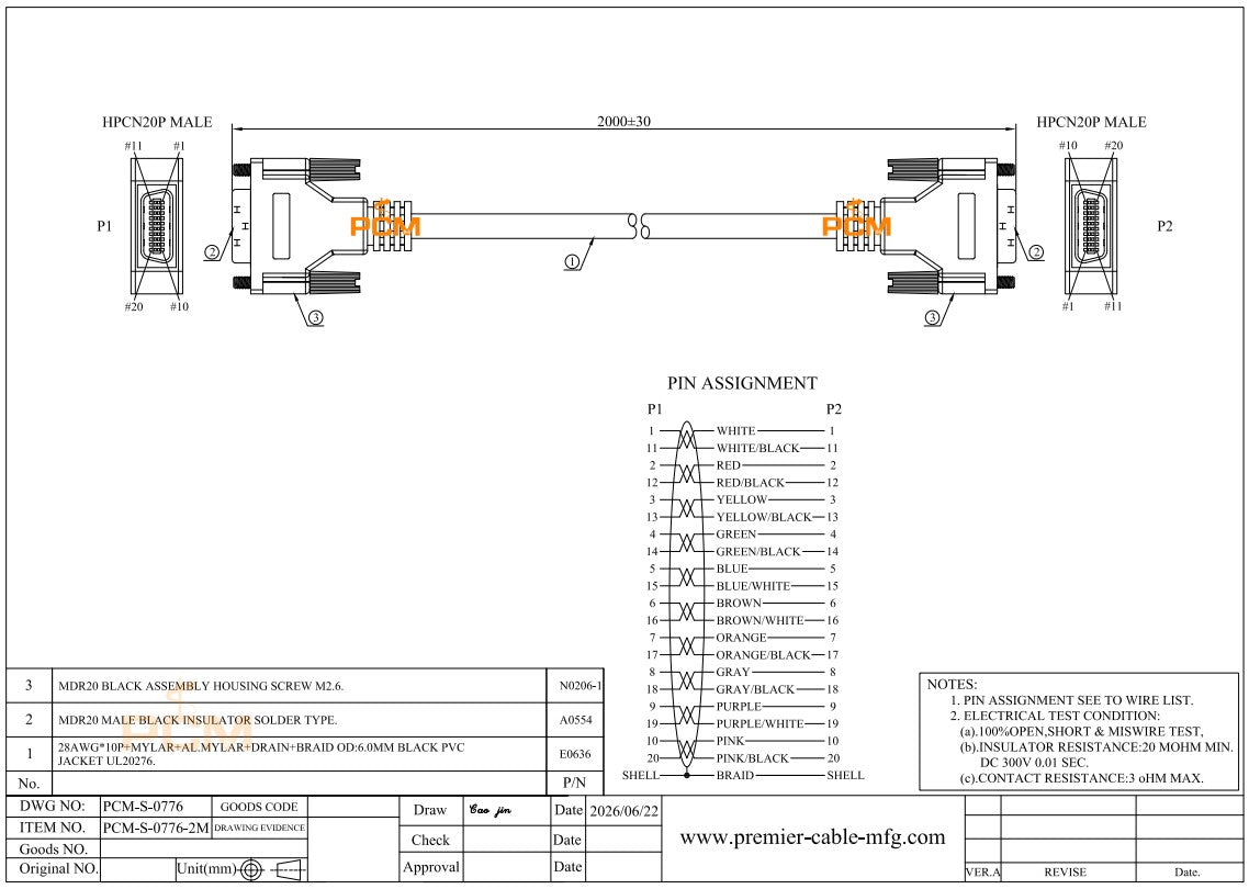 SCSI 20 Pin MDR HPCN20 Cable