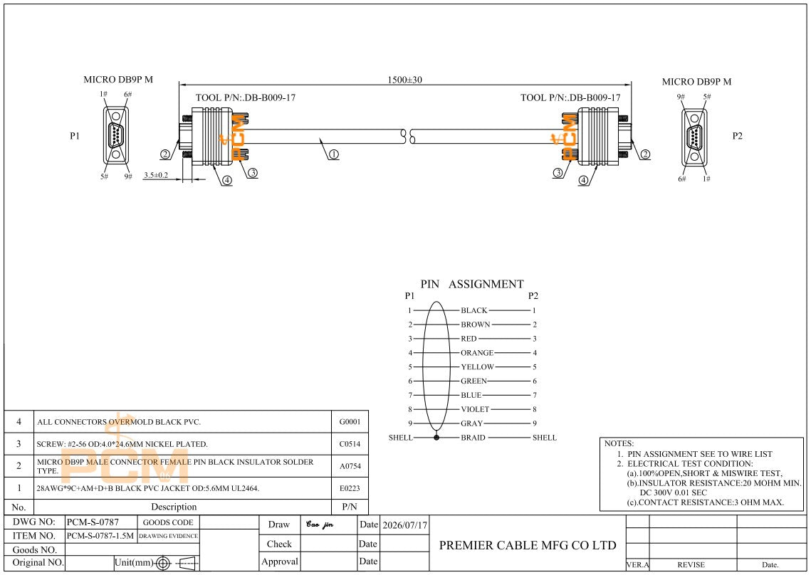 Micro DB9 Micro-D 9 Pin Cable Assembly Female to Female