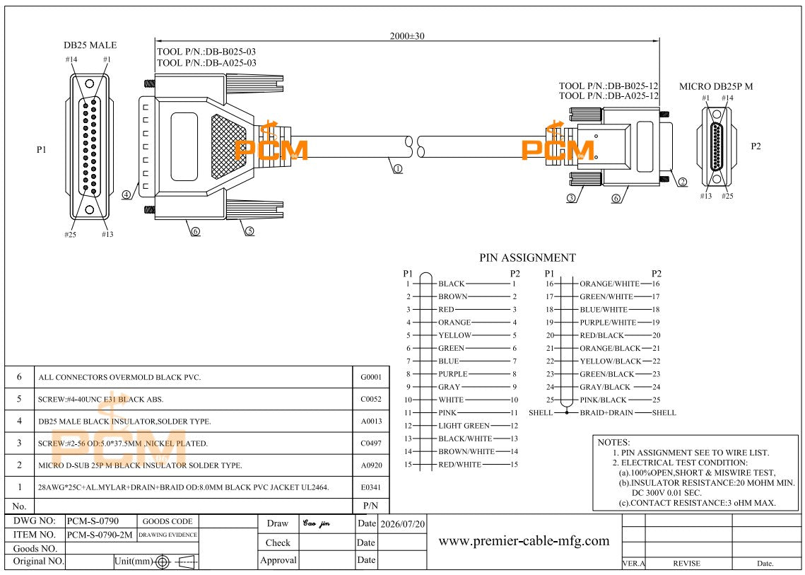 Micro DB25 to DB25 Cable Compatible Molex 834249062 Pickering A025CFR-025DMR-5A180