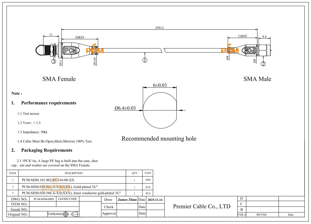 SMA Male to SMA Female Bulkhead Cable RG316