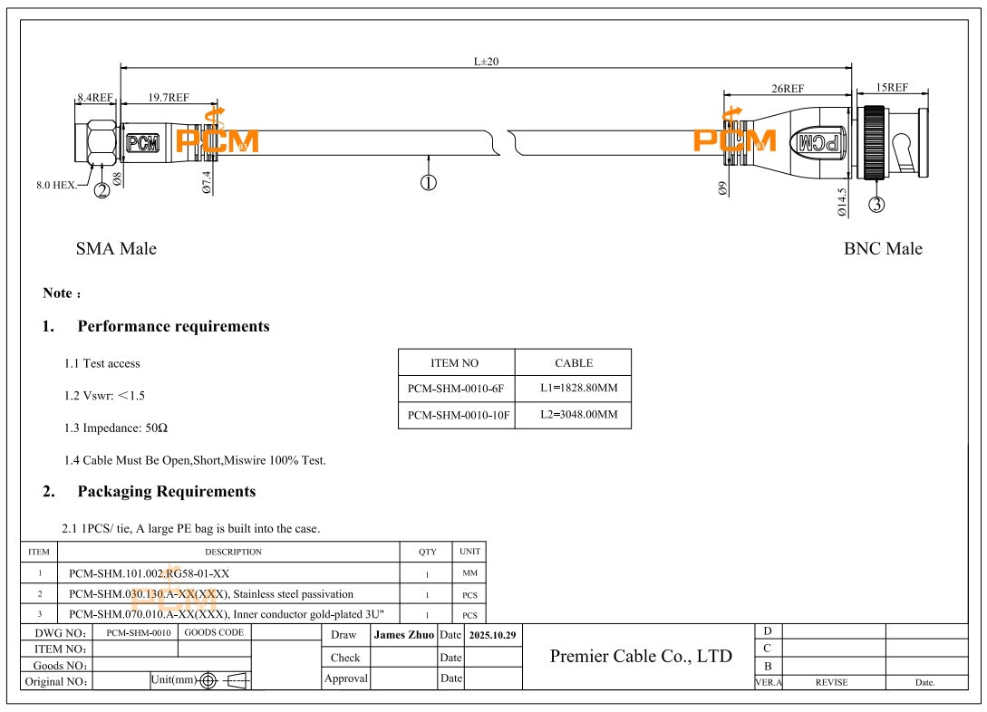 SMA Male to BNC Male Cable Assembly