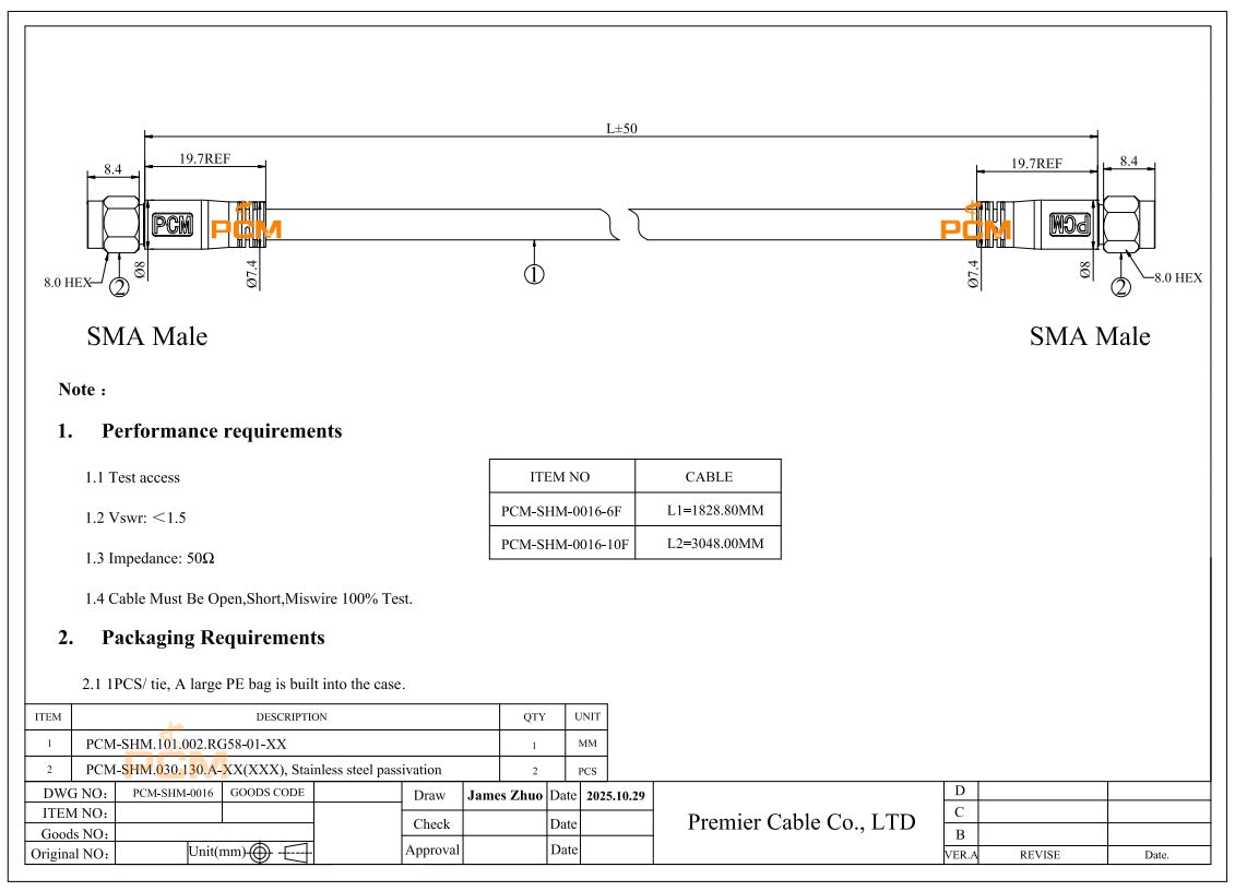 SMA Male to SMA Male Cable RG-58 Coax