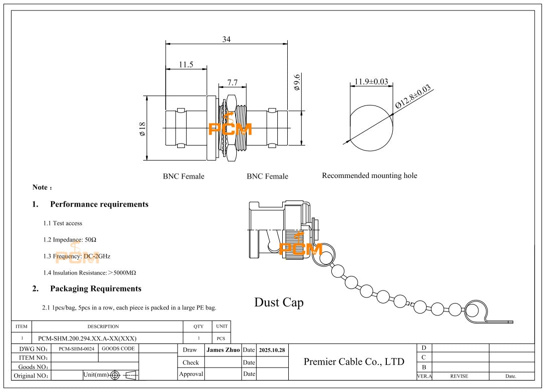 BNC Bulkhead Adapter with Dust Cap