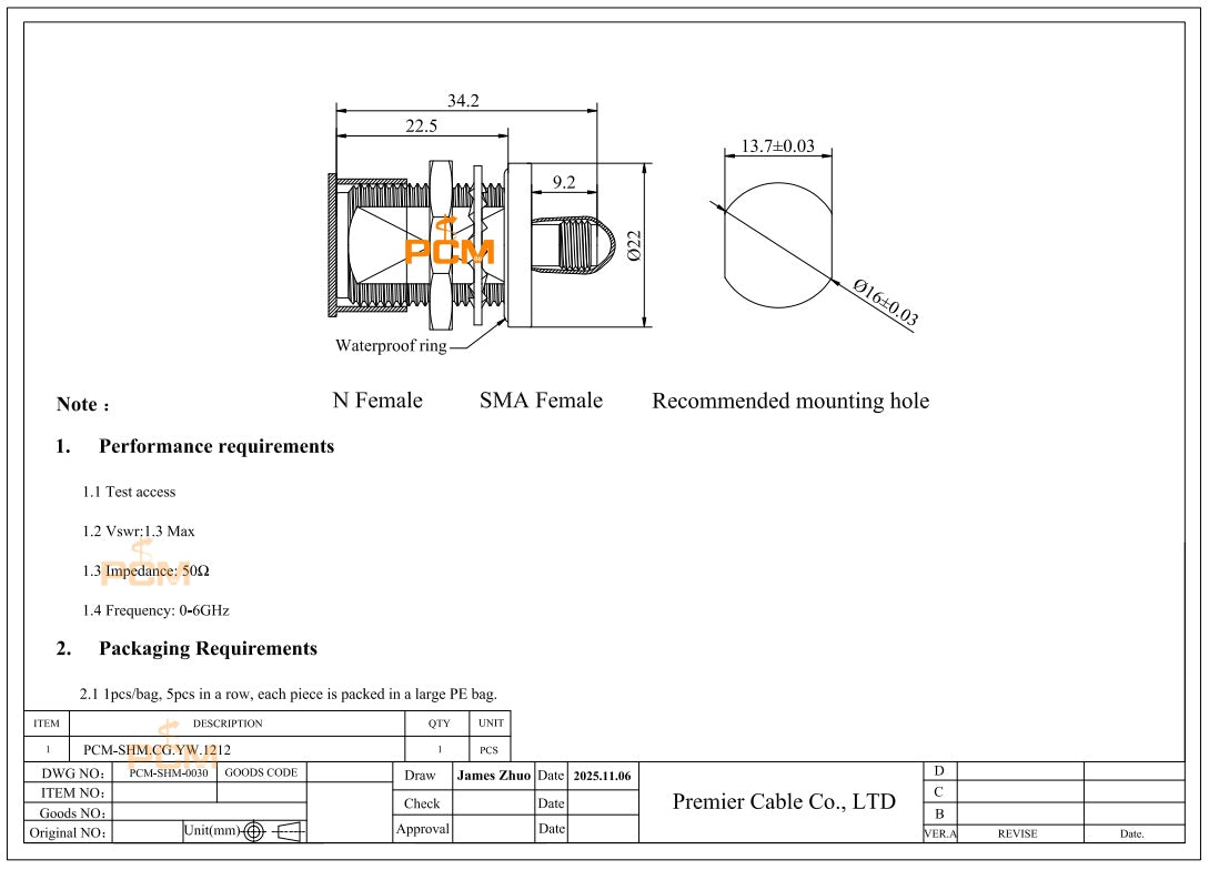 SMA Female to N Female Bulkhead Mount Adapter