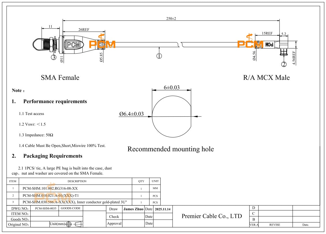 SMA Female Bulkhead to MCX Plug Right Angle Cable