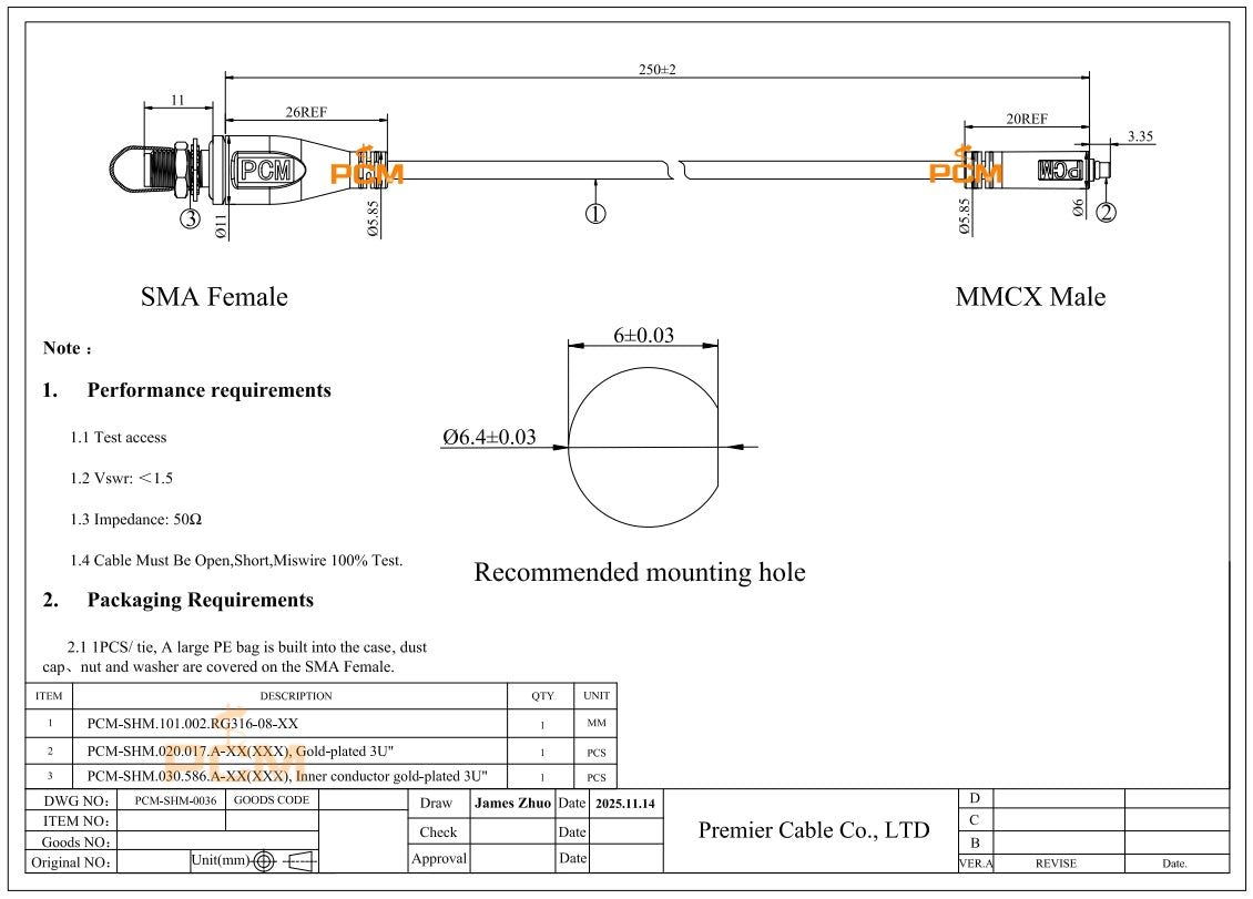MMCX Plug to SMA Female Bulkhead Cable