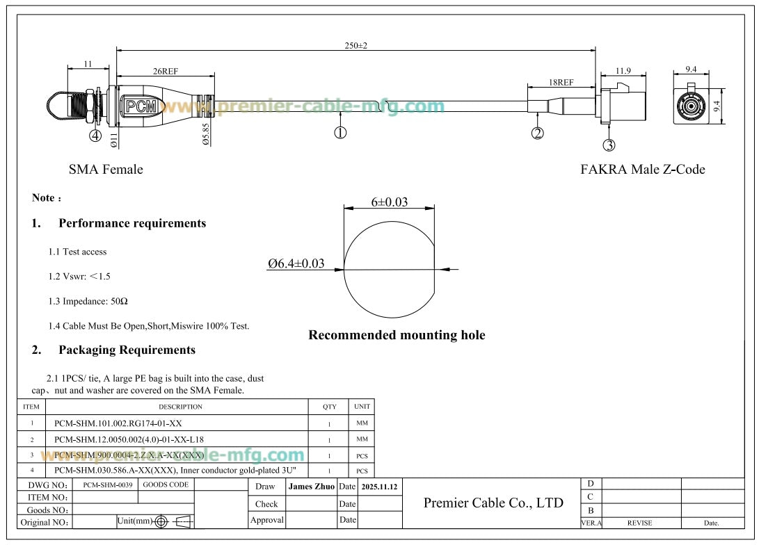 FAKRA Z Male to SMA Female Panel Mount Cable