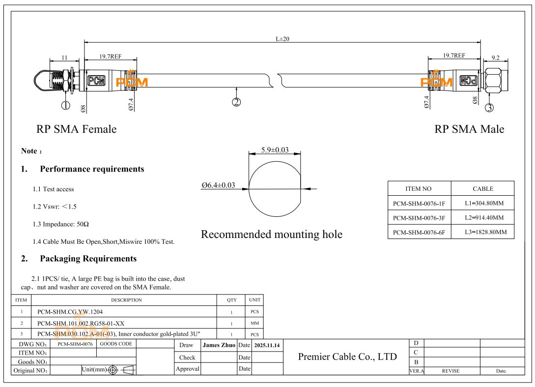 RP-SMA Male to RP-SMA Female Bulkhead Cable