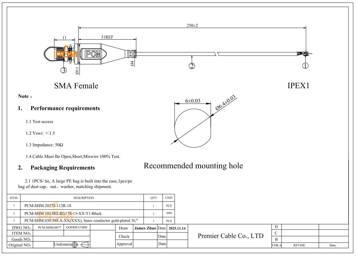 RG178 SMA to UFL IPX MHF1 Coaxial Cable