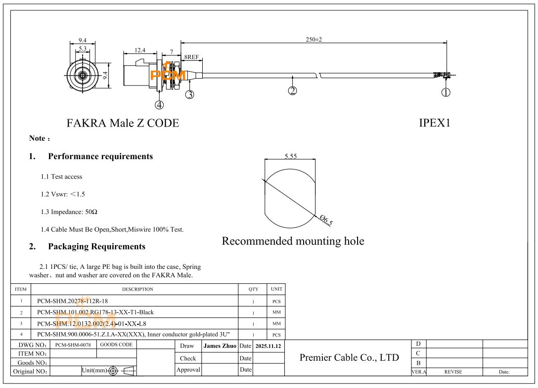 IPEX1 to Fakra Z Male Bulkhead Mount Cable