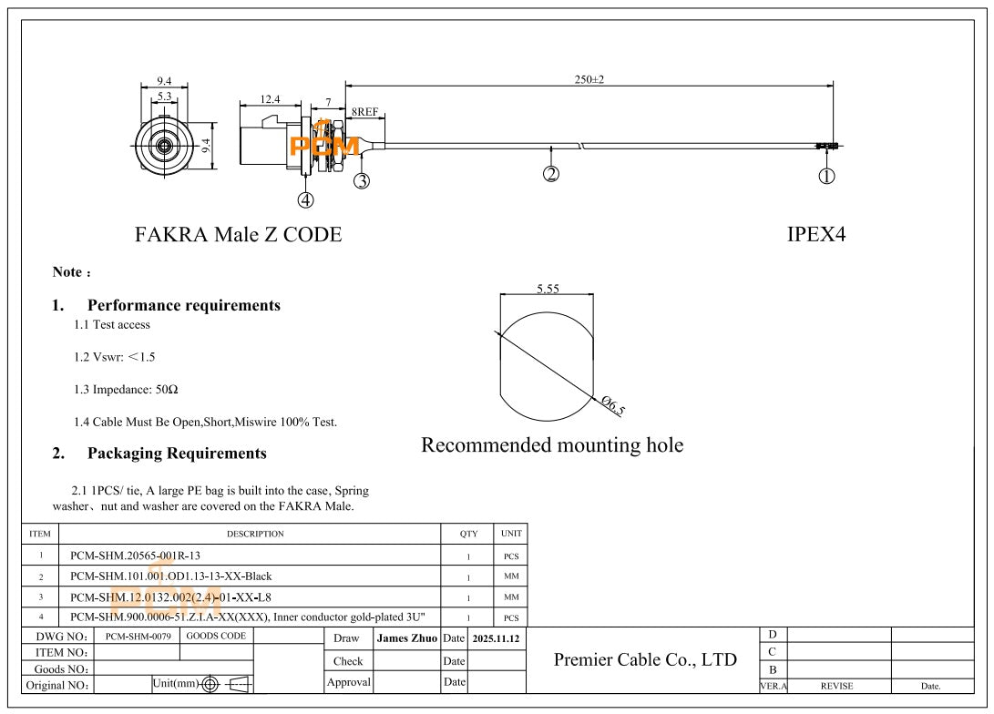 Panel Mount FAKRA Z Male to IPEX4 Coaxial Cable