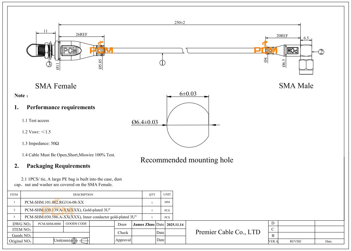 SMA Male Right Angle to SMA Female Bulkhead Cable Assembly
