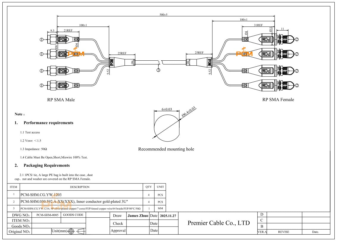 4x4 MIMO RP-SMA WiFi Antenna Extension Cable