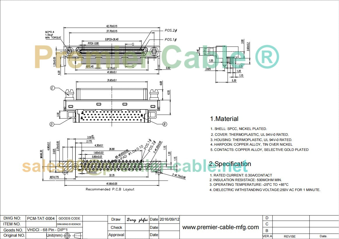 Right Angle VHDCI 68 Pin SCSI PCB Connector