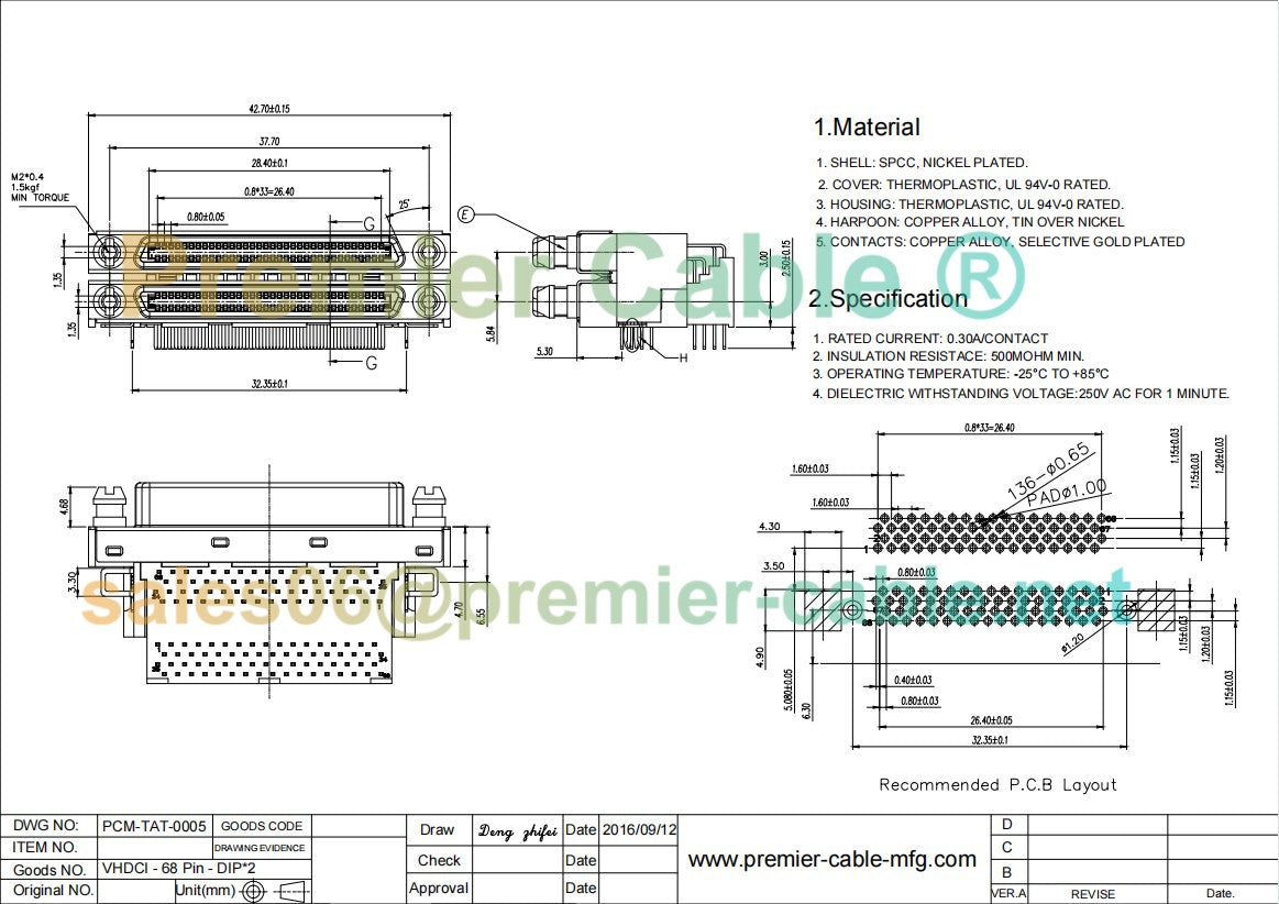 Dual Stack VHDCI 68 Pin Right Angle PCB Mount Connector